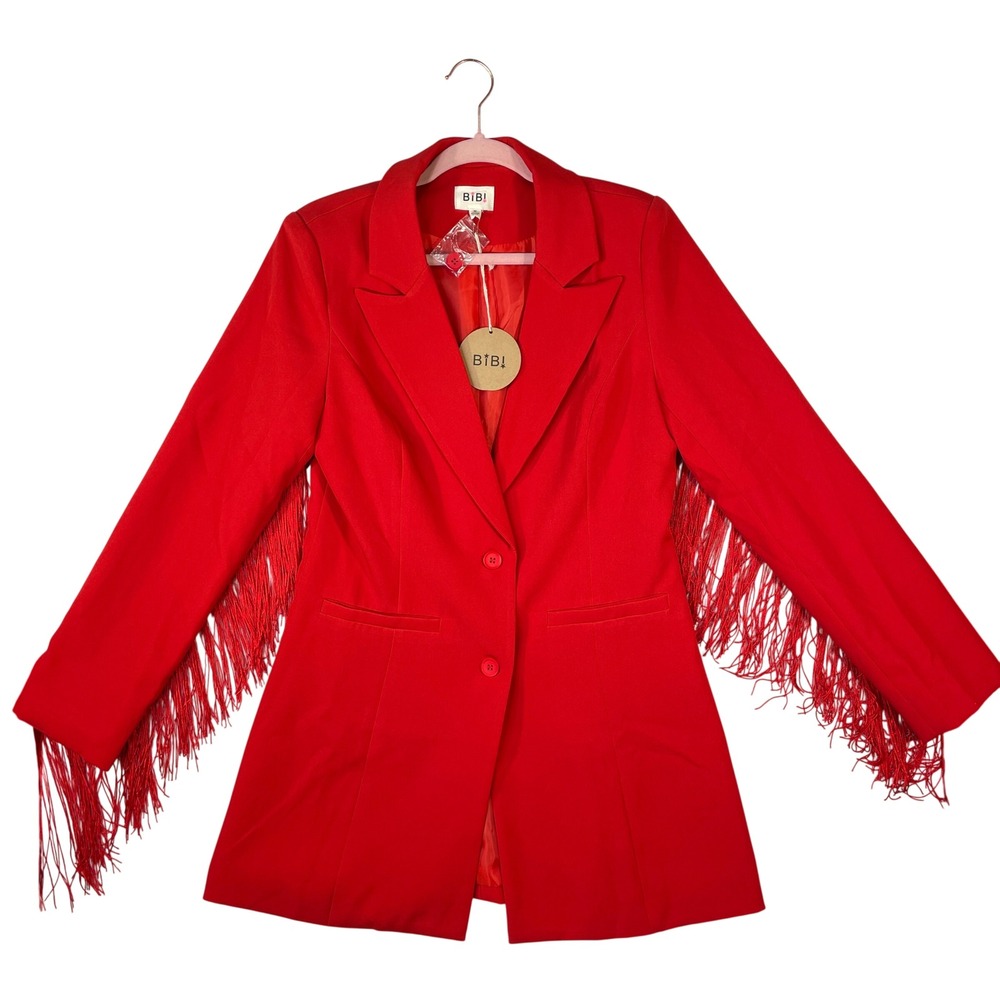 BiBi Red Fringe Sleeve Blazer Jacket Womens Medium Western Cowgirl Longline New